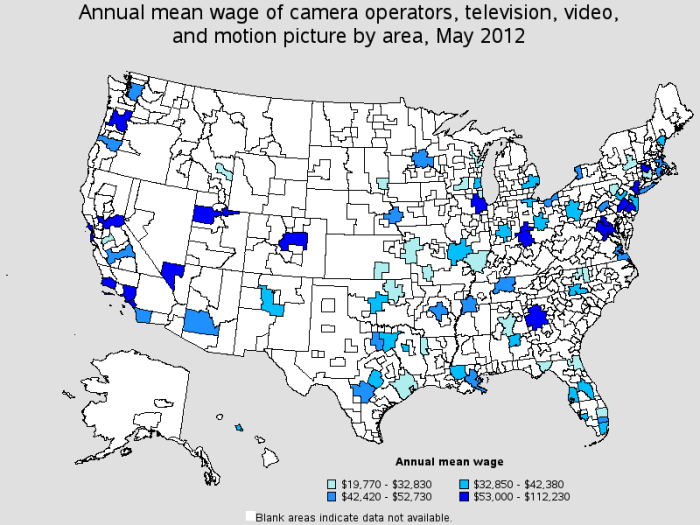 Annual Mean Wage of Camera Operators by area, 2012