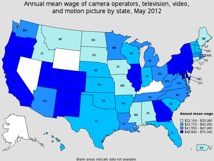 Annual Wage for Camera Operators by State, 2012